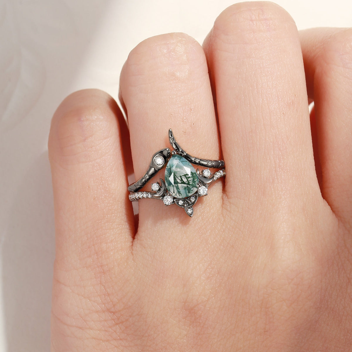 Celtic Moon | Pear Cut Moss Agate Gothic Inspired Snake Engagement Ring Set 2pcs