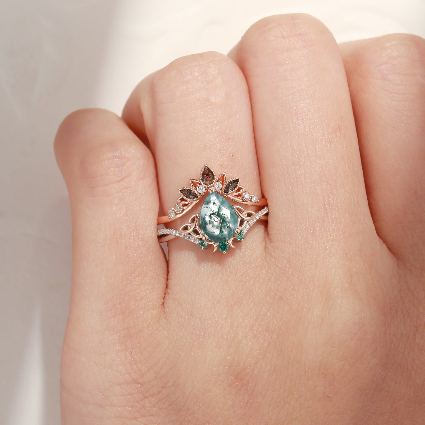 Celtic Moon 'Celestial Moon' - Pear Cut Moss Agate Celtic Engagement Ring Set