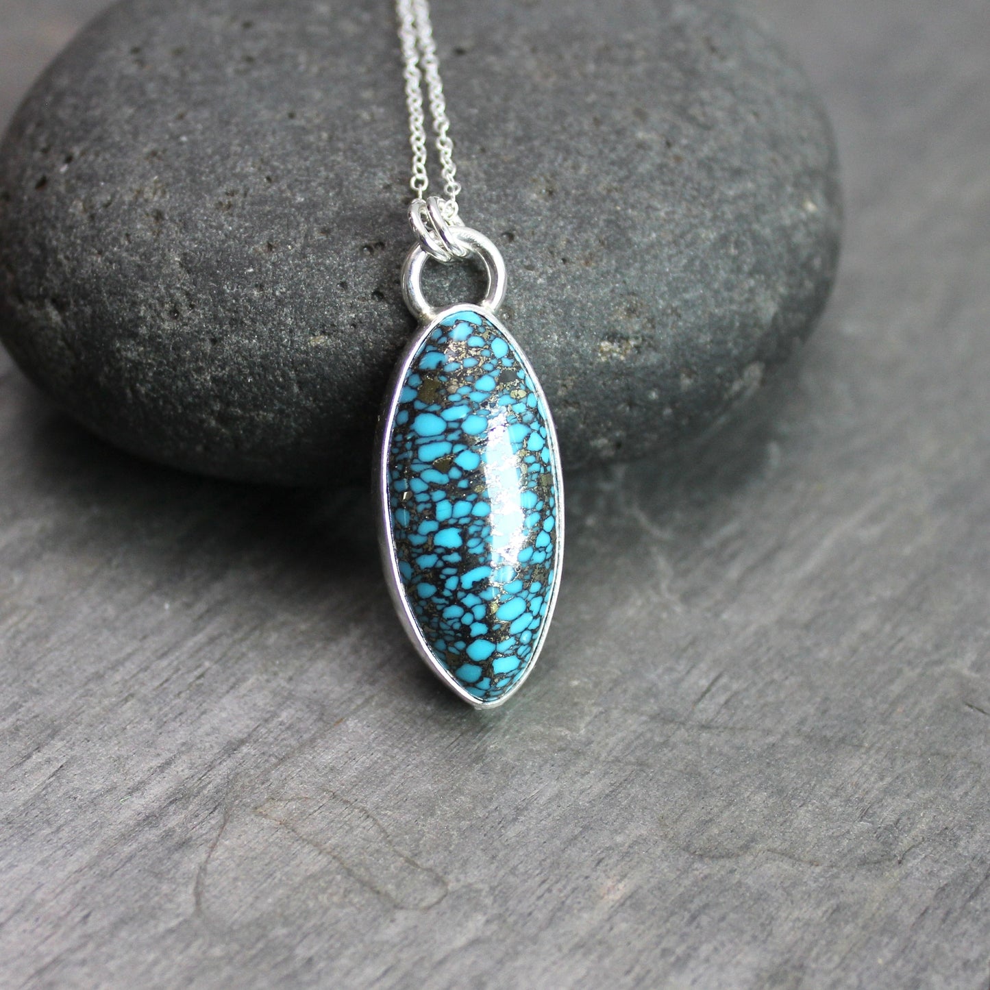 Spider Web Turquoise with Pyrite Pendant Necklace | Sterling Silver | Handmade Artisan Jewelry