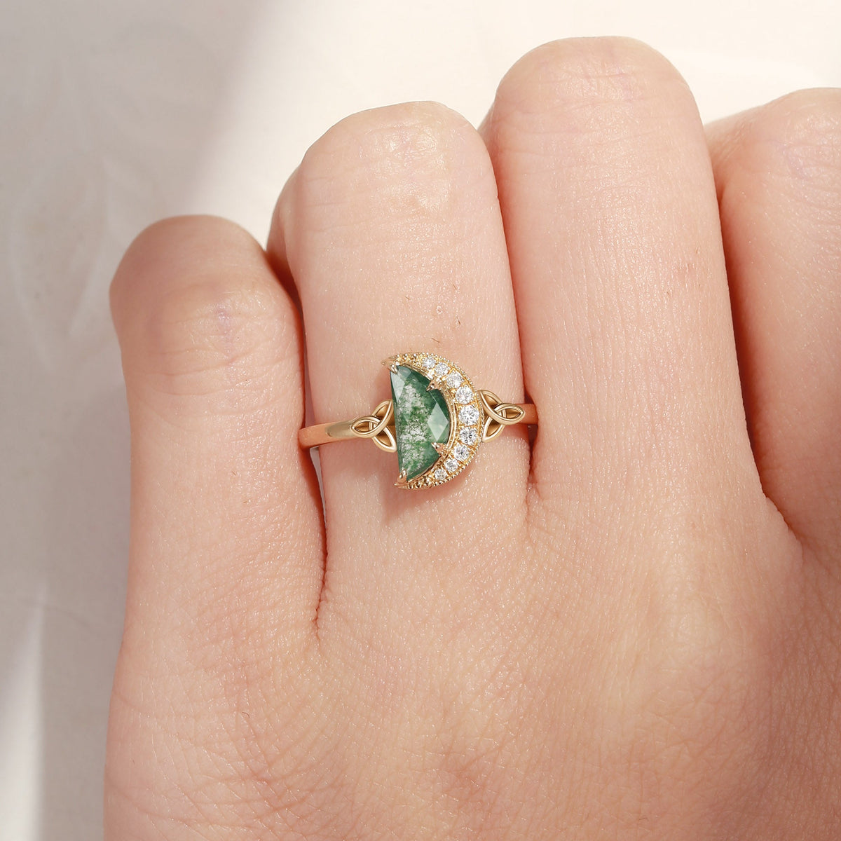 Celtic Moon - Moon Shaped Moss Agate Half Moon Celtic Engagement Ring