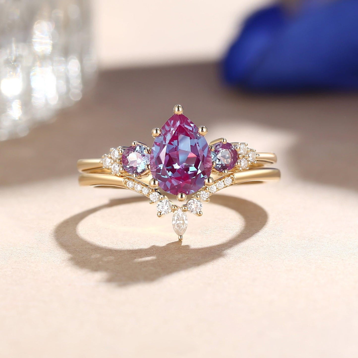 Sylvie’s Frond | Pear Alexandrite Cluster Bridal Set 2pcs