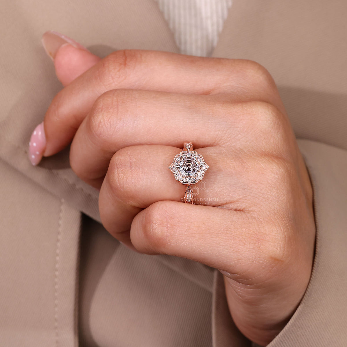 Hexagon Diamond Ring in Halo Setting