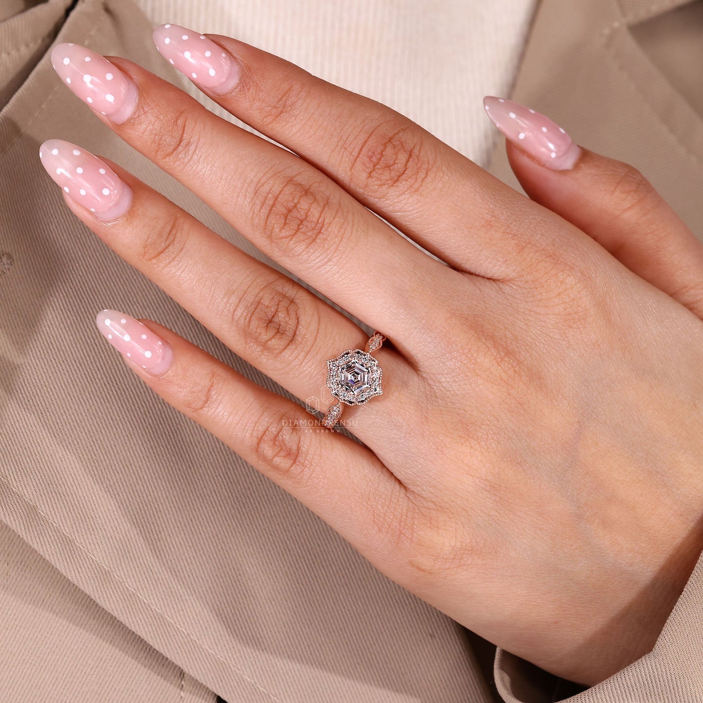 Hexagon Diamond Ring in Halo Setting
