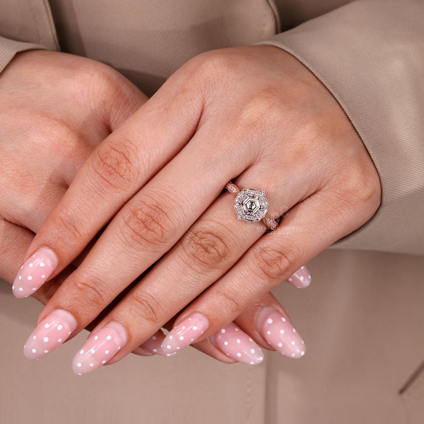 Hexagon Diamond Ring in Halo Setting