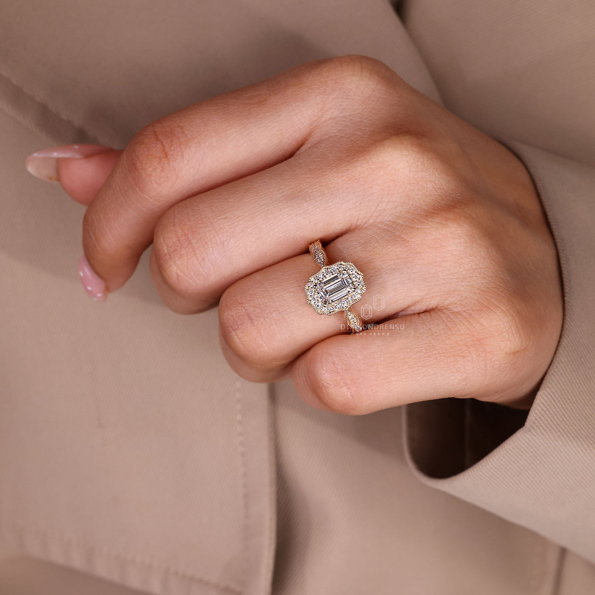 Emerald Cut Ring with Round Diamond Pave Band