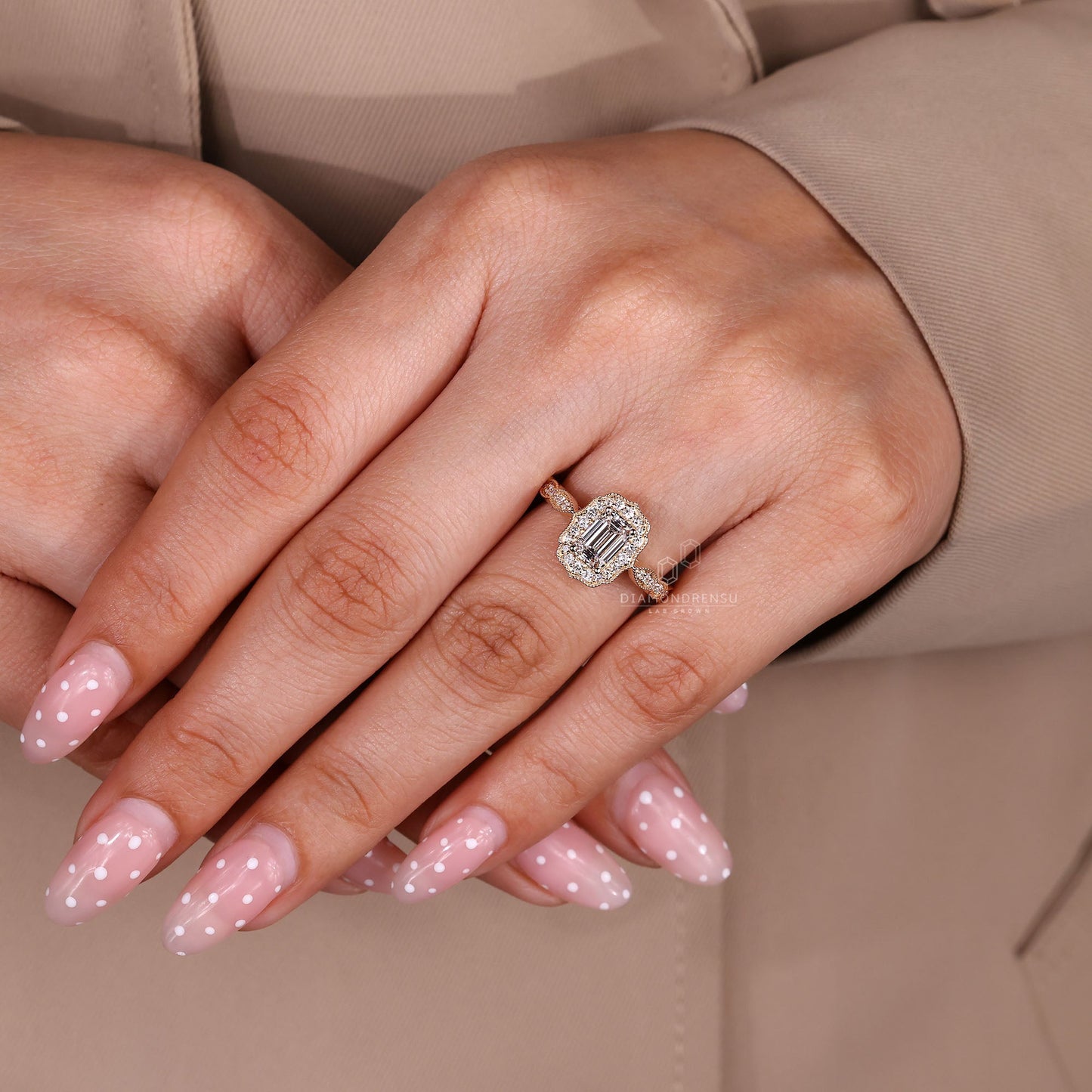 Emerald Cut Ring with Round Diamond Pave Band