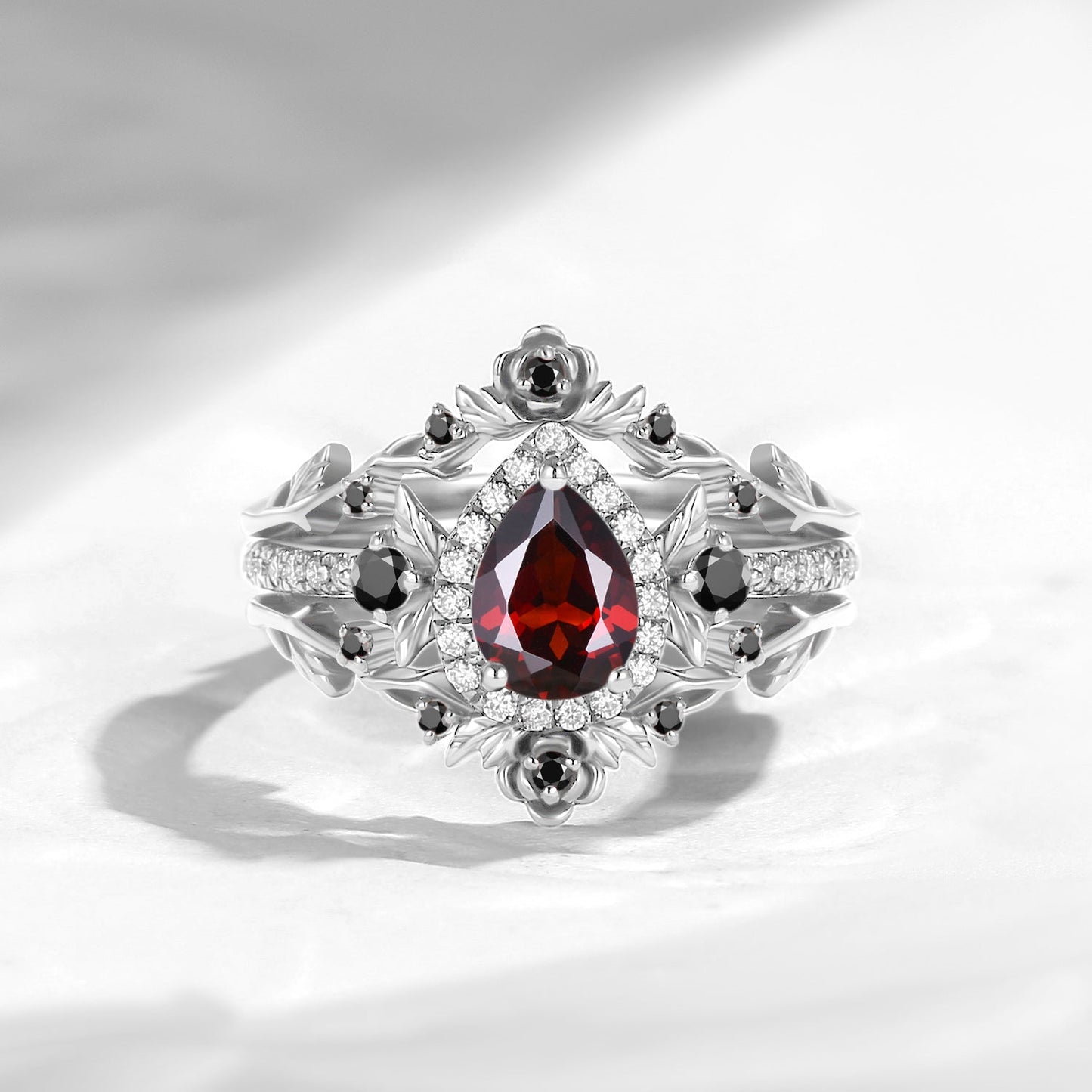 Nature Inspired Pear Cut Garnet 'Thorns & Roses' Halo Engagement Ring Set 3pcs
