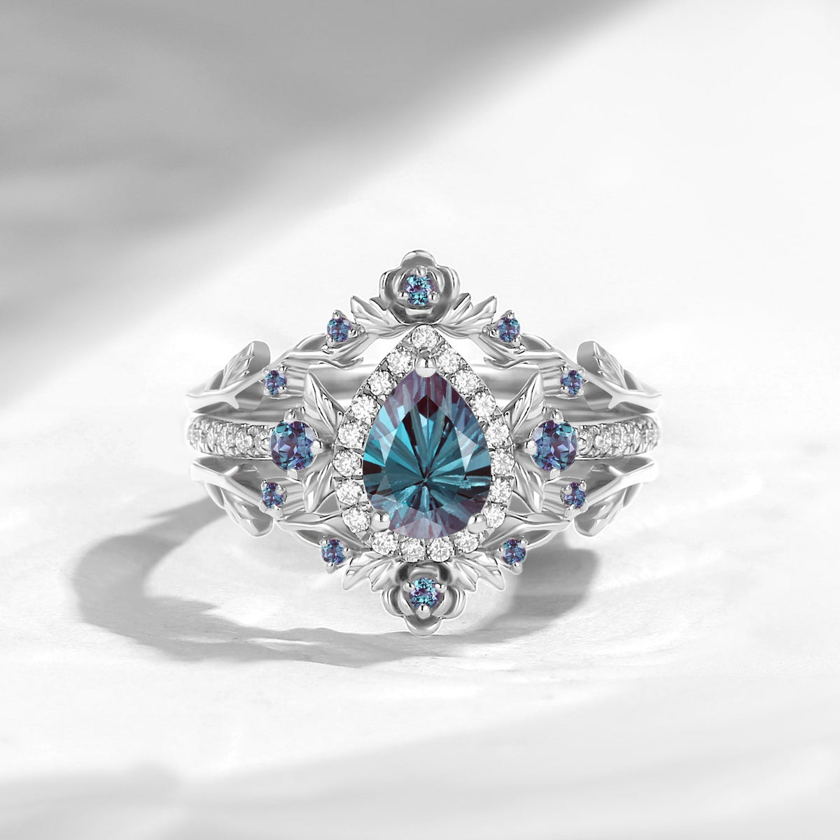 Nature Inspired Firwork Cut Pear Lab Alexandrite 'Thorns & Roses' Halo Engagement Ring Set 3pcs
