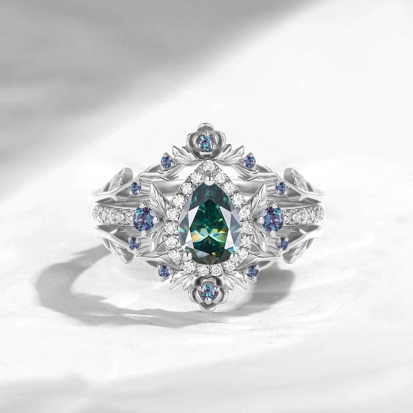 Nature Inspired Pear Cut Teal Moissanite 'Thorns & Roses' Halo Engagement Ring Set 3pcs