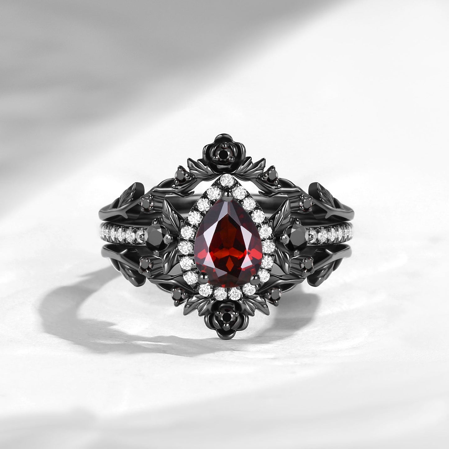 Nature Inspired Pear Cut Garnet 'Thorns & Roses' Halo Engagement Ring Set 3pcs