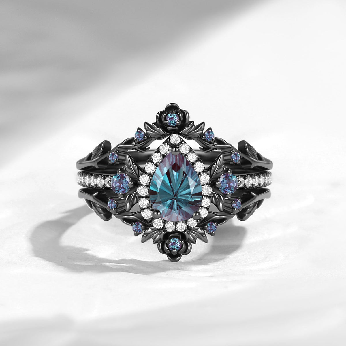 Nature Inspired Firwork Cut Pear Lab Alexandrite 'Thorns & Roses' Halo Engagement Ring Set 3pcs