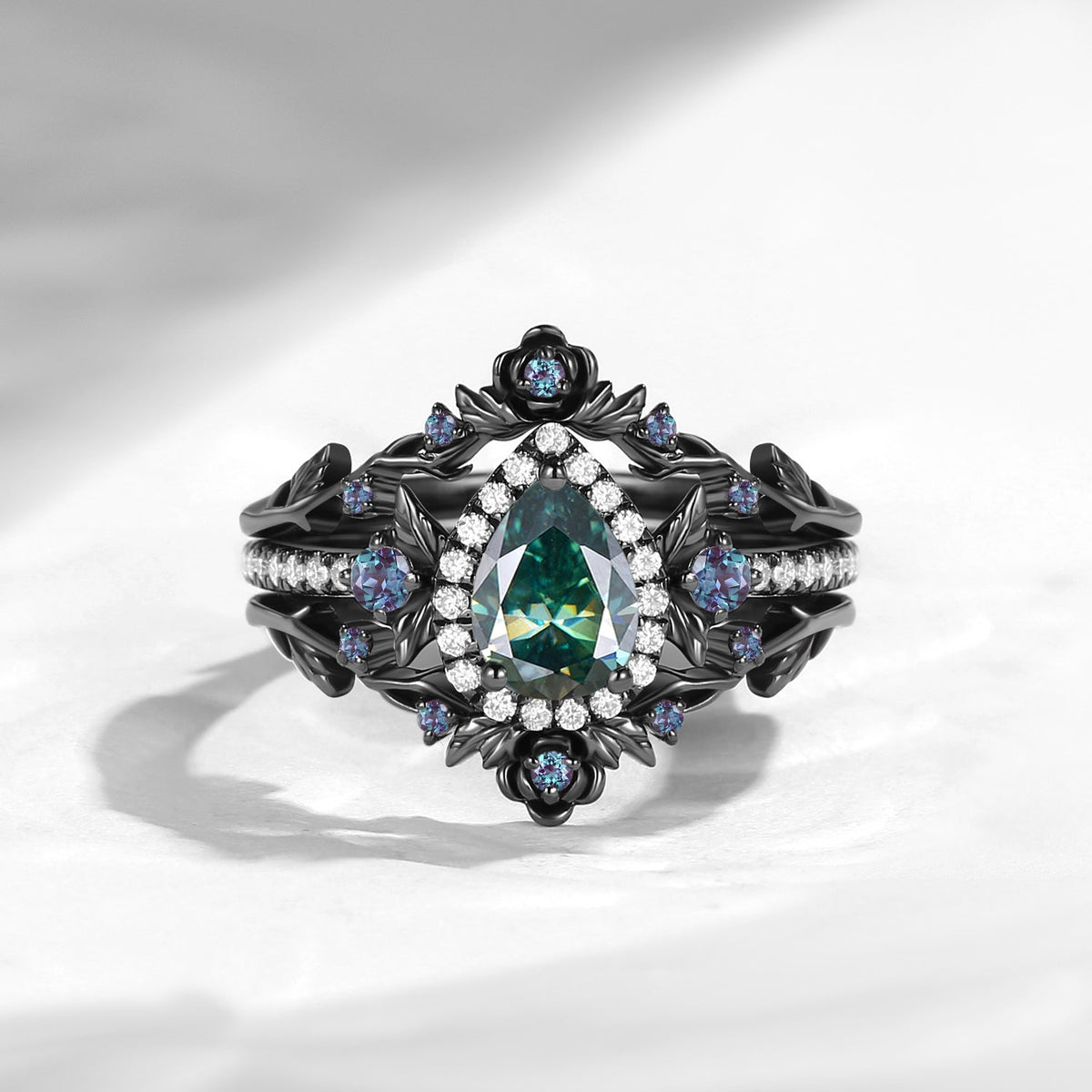 Nature Inspired Pear Cut Teal Moissanite 'Thorns & Roses' Halo Engagement Ring Set 3pcs
