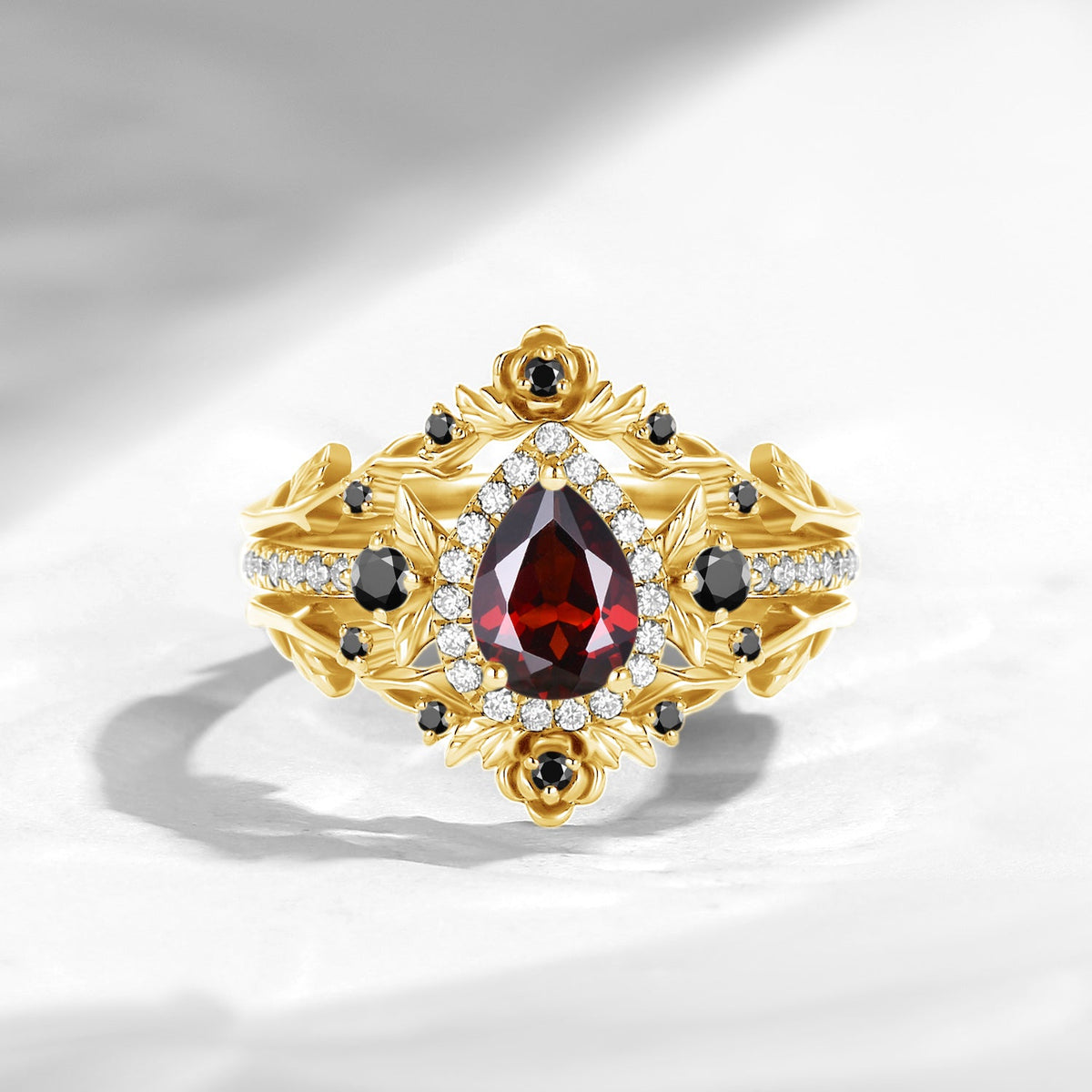Nature Inspired Pear Cut Garnet 'Thorns & Roses' Halo Engagement Ring Set 3pcs