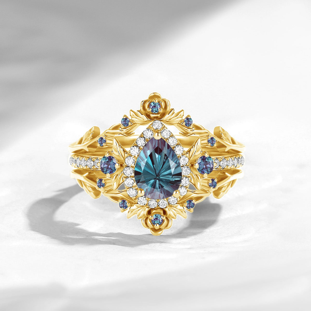 Nature Inspired Firwork Cut Pear Lab Alexandrite 'Thorns & Roses' Halo Engagement Ring Set 3pcs