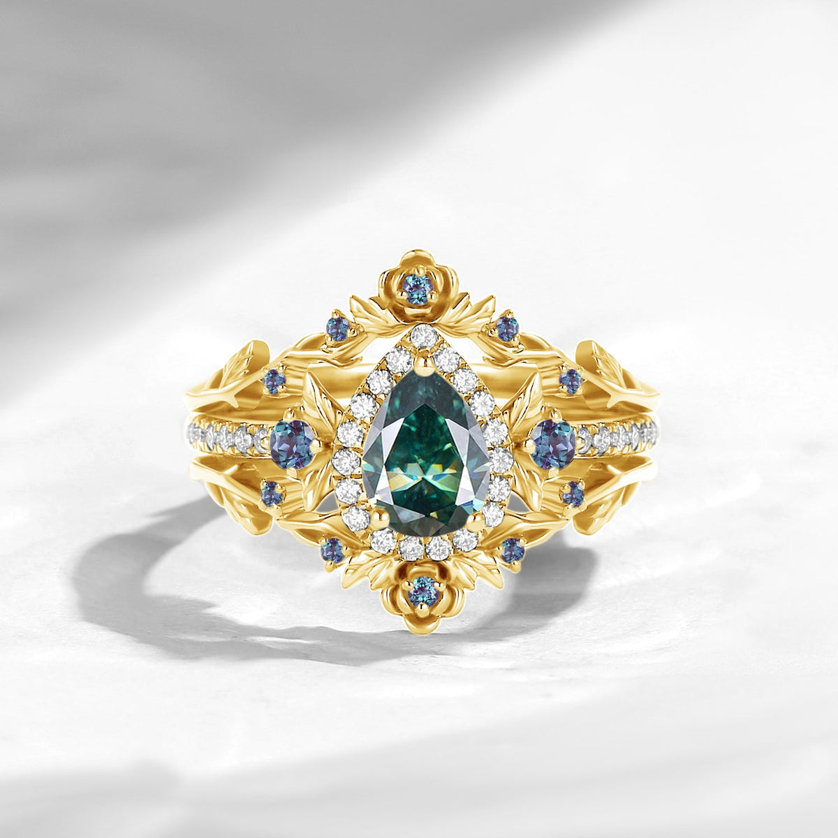 Nature Inspired Pear Cut Teal Moissanite 'Thorns & Roses' Halo Engagement Ring Set 3pcs