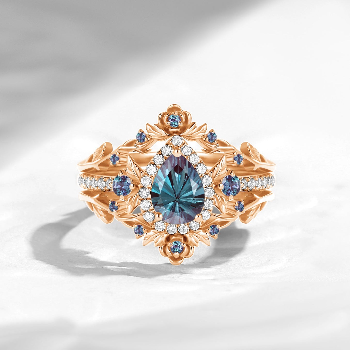 Nature Inspired Firwork Cut Pear Lab Alexandrite 'Thorns & Roses' Halo Engagement Ring Set 3pcs