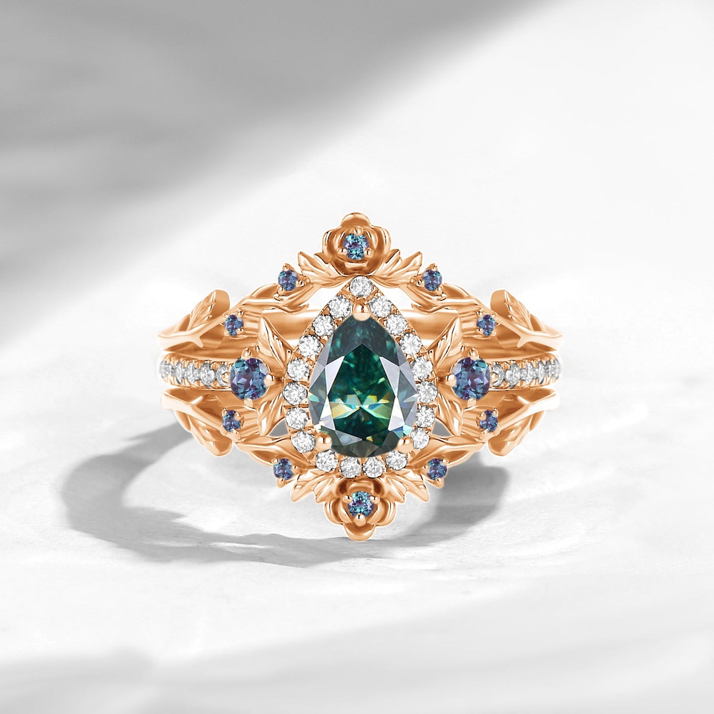 Nature Inspired Pear Cut Teal Moissanite 'Thorns & Roses' Halo Engagement Ring Set 3pcs