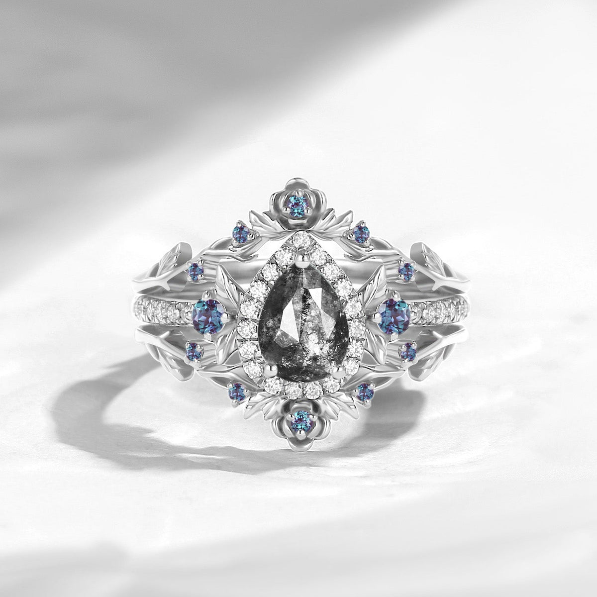 Nature Inspired Pear Cut Salt & Pepper Diamond 'Thorns & Roses' Halo Engagement Ring Set 3pcs