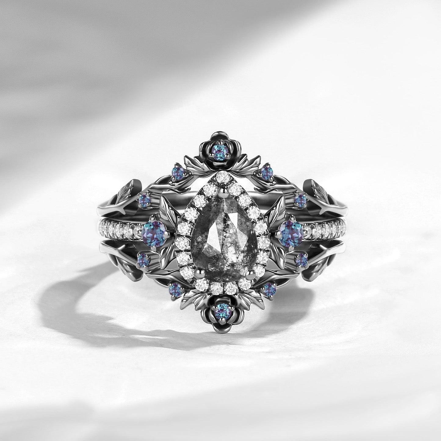 Nature Inspired Pear Cut Salt & Pepper Diamond 'Thorns & Roses' Halo Engagement Ring Set 3pcs