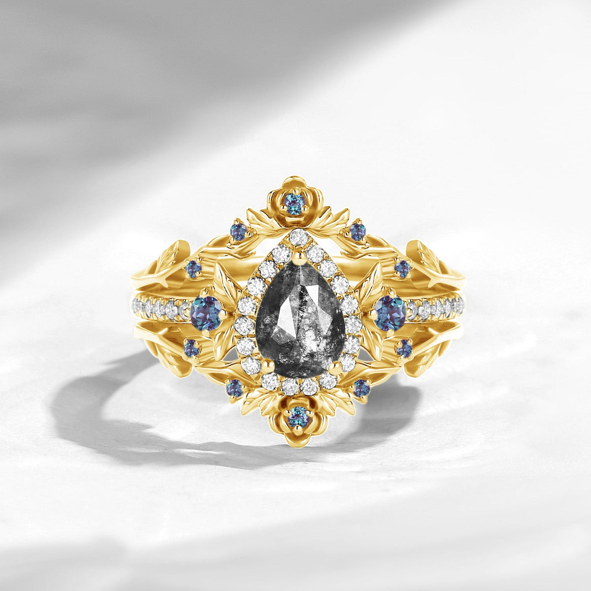 Nature Inspired Pear Cut Salt & Pepper Diamond 'Thorns & Roses' Halo Engagement Ring Set 3pcs