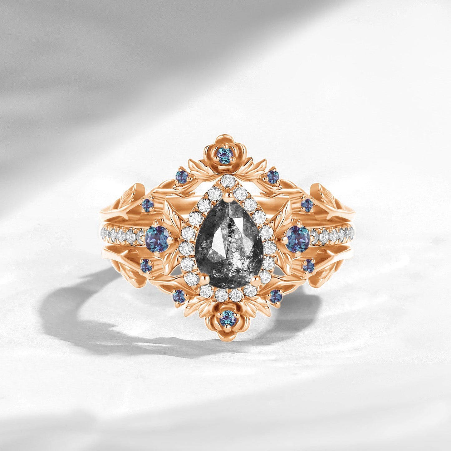 Nature Inspired Pear Cut Salt & Pepper Diamond 'Thorns & Roses' Halo Engagement Ring Set 3pcs