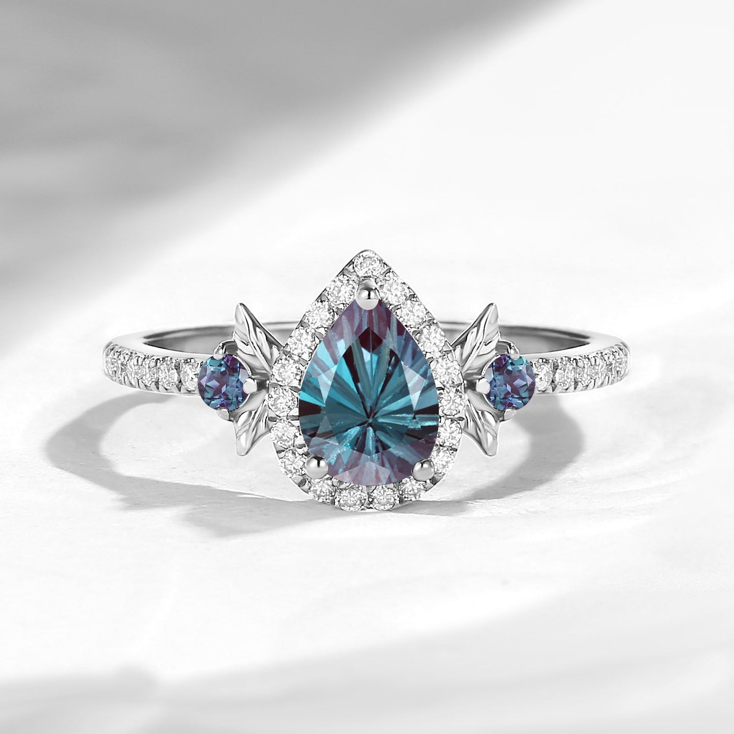 Nature Inspired Firework Cut Pear Shaped Lab Alexandrite 'Thorns & Roses' Halo Leaf Engagement Ring