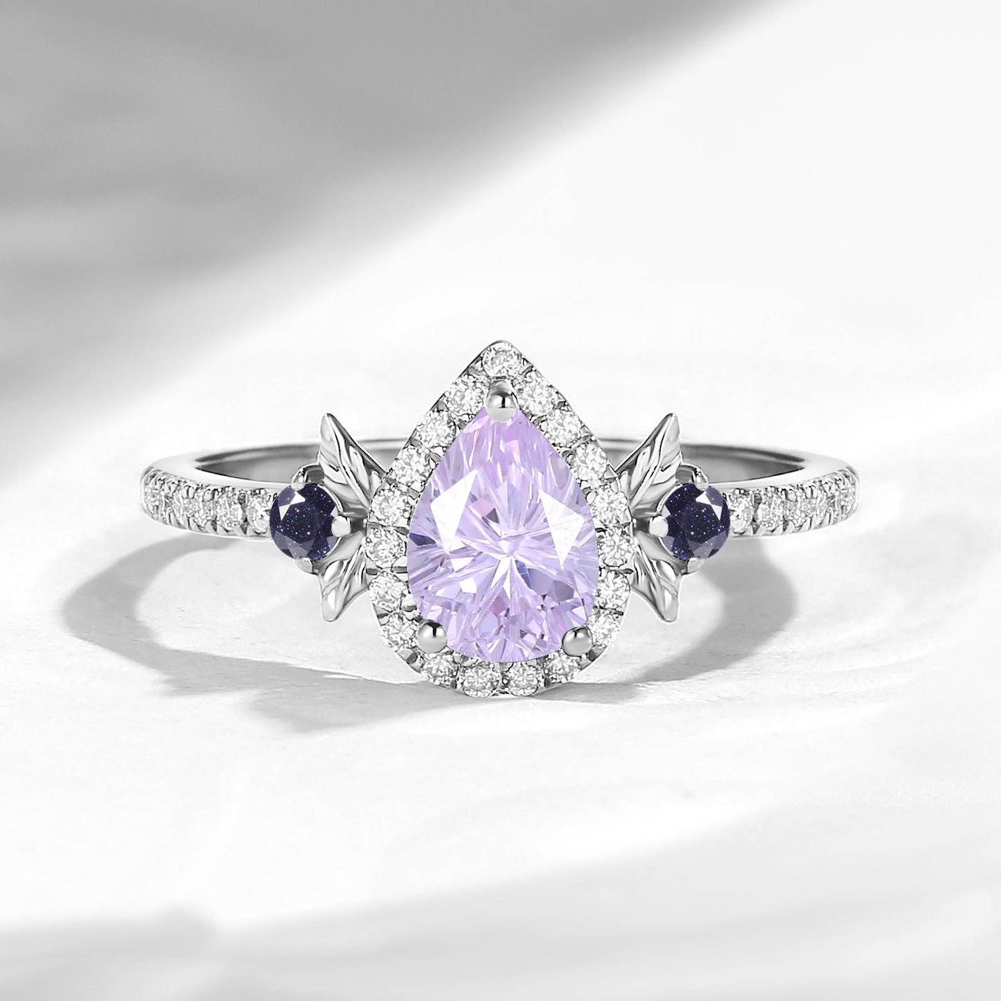 Nature Inspired Firework Cut Pear Lab Lavender Sapphire 'Thorns & Roses' Halo Leaf Engagement Ring