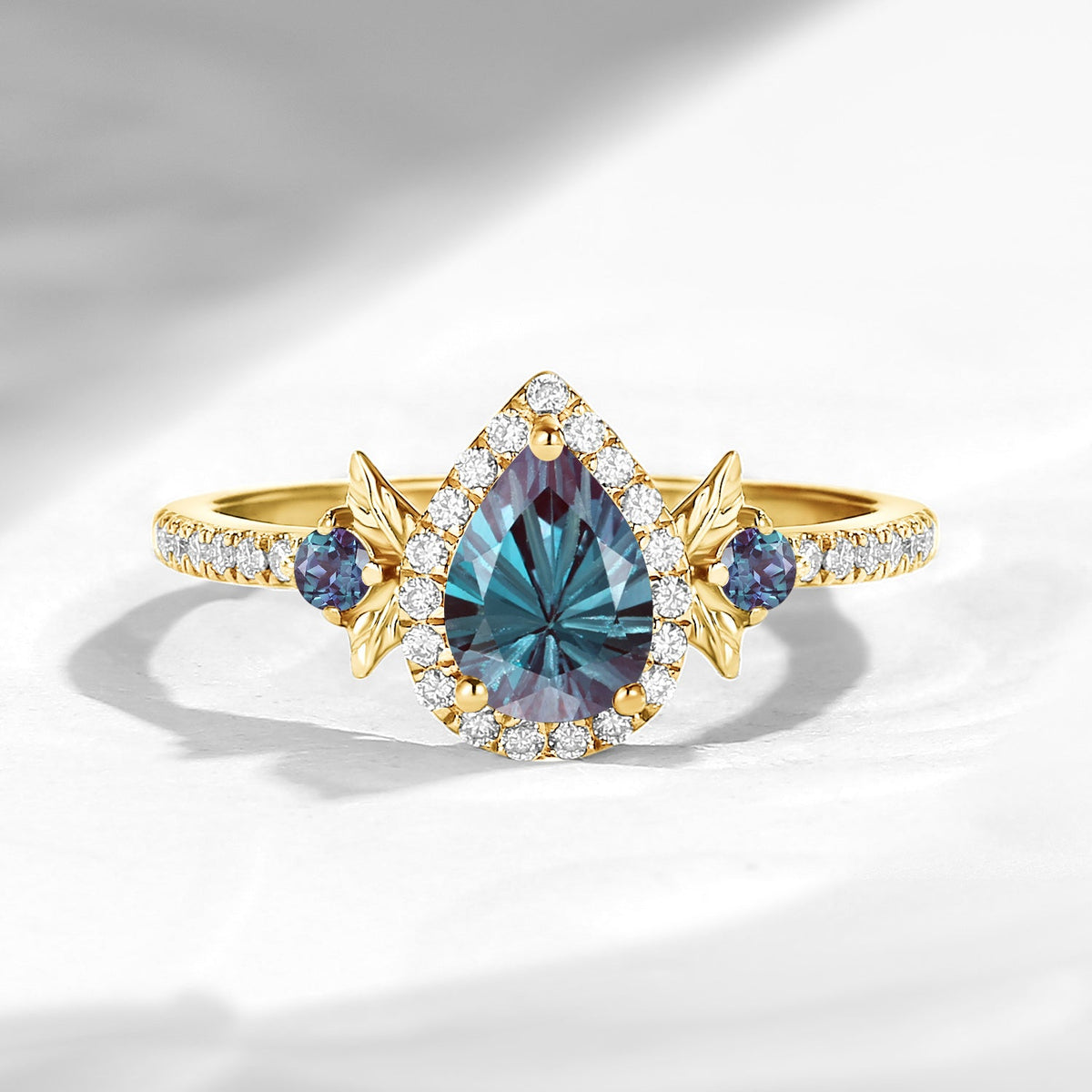 Nature Inspired Firework Cut Pear Shaped Lab Alexandrite 'Thorns & Roses' Halo Leaf Engagement Ring