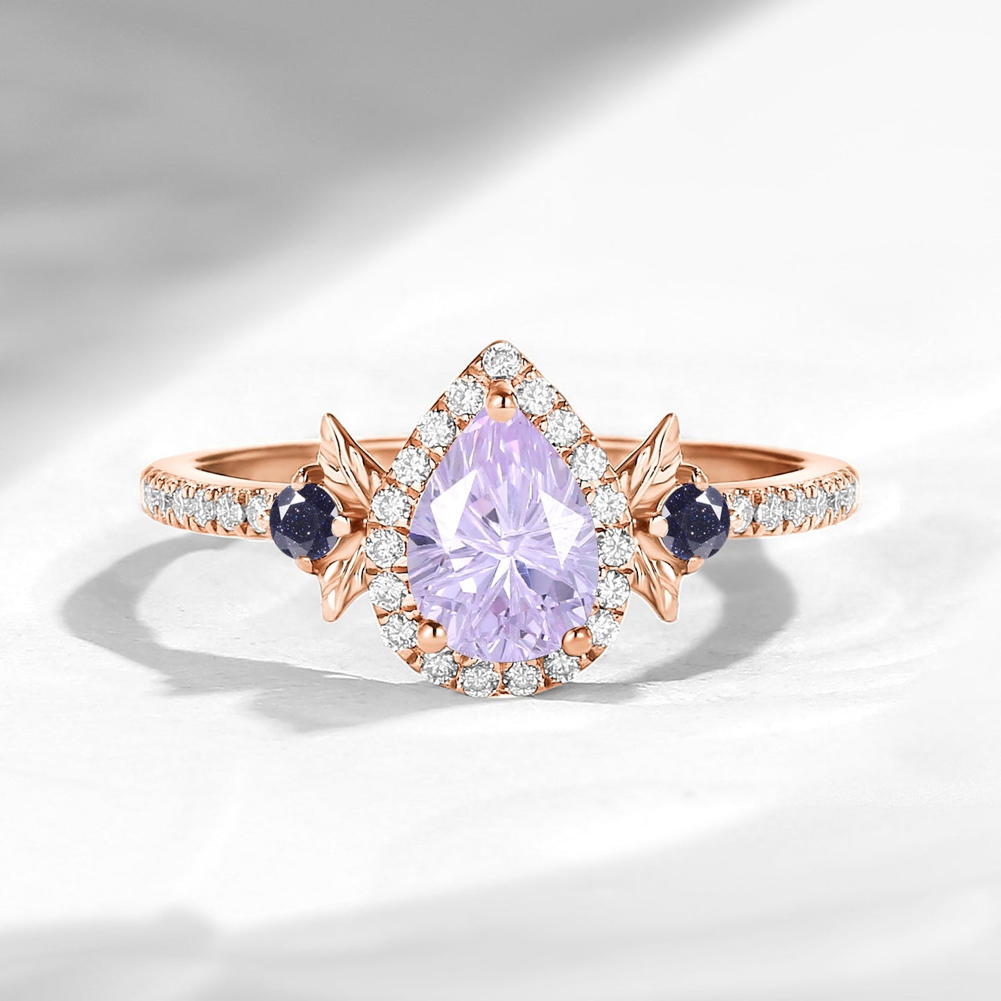 Nature Inspired Firework Cut Pear Lab Lavender Sapphire 'Thorns & Roses' Halo Leaf Engagement Ring