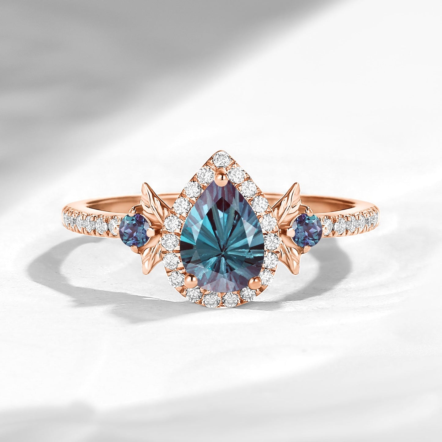 Nature Inspired Firework Cut Pear Shaped Lab Alexandrite 'Thorns & Roses' Halo Leaf Engagement Ring