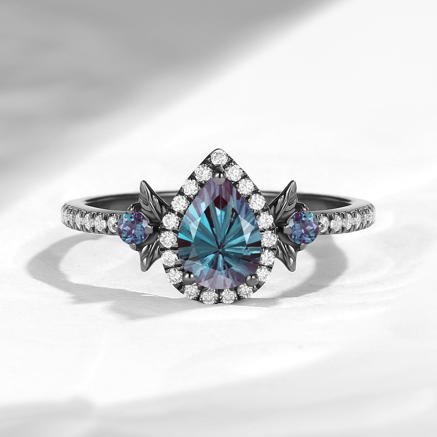 Nature Inspired Firework Cut Pear Shaped Lab Alexandrite 'Thorns & Roses' Halo Leaf Engagement Ring