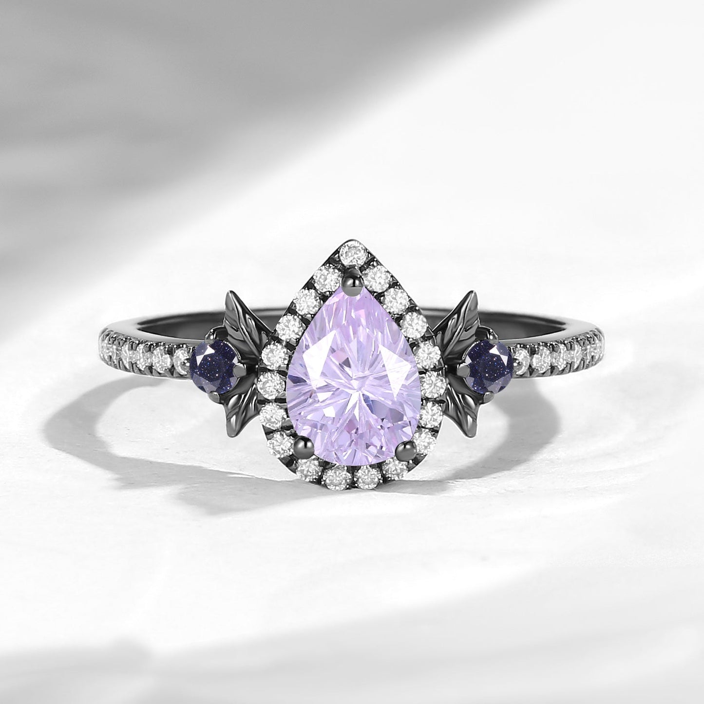 Nature Inspired Firework Cut Pear Lab Lavender Sapphire 'Thorns & Roses' Halo Leaf Engagement Ring