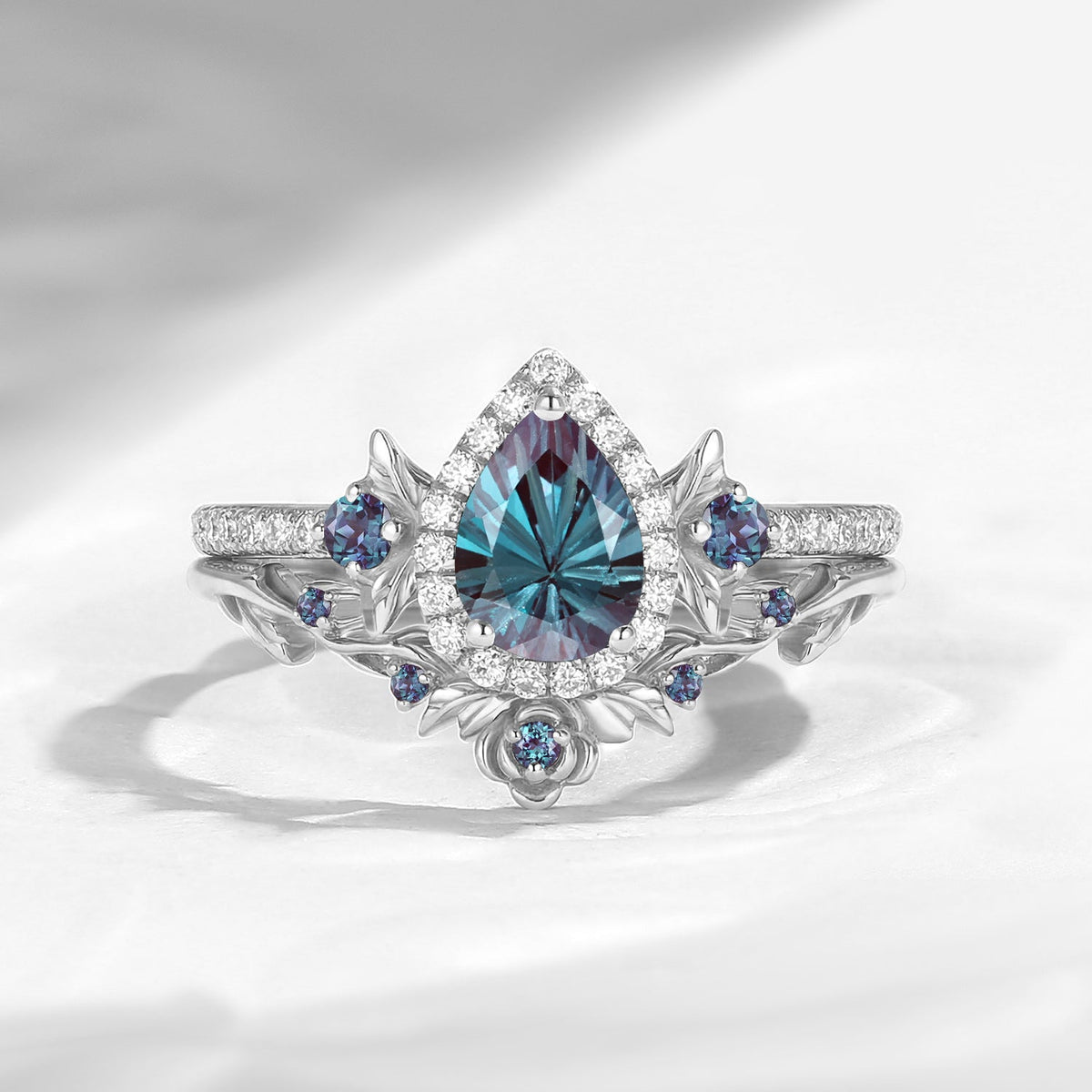 Nature Inspired Firework Cut Pear Shaped Lab Alexandrite 'Thorns & Roses' Gothic Halo Engagement Ring Set 2pcs