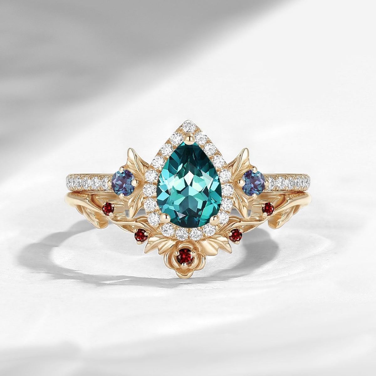 Nature Inspired Pear Cut Lab Teal Sapphire Halo Engagement Ring Set 2pcs - 'Thorns & Roses'