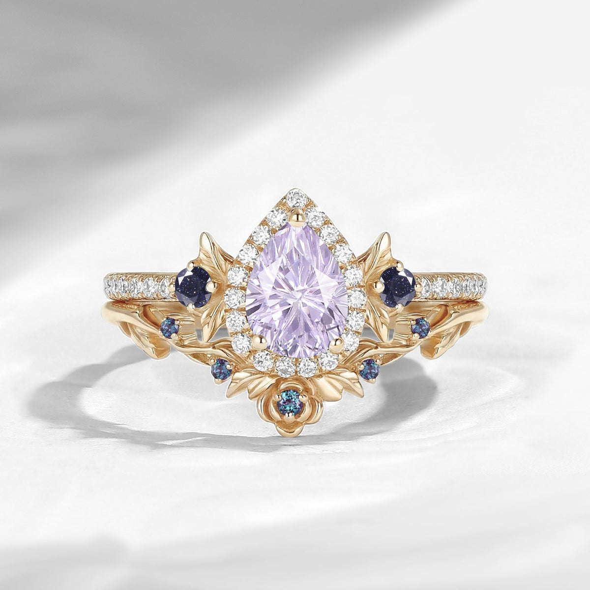Thorns & Roses - Nature Inspired Firework Cut Pear Lab Lavender Sapphire Halo Engagement Ring Set