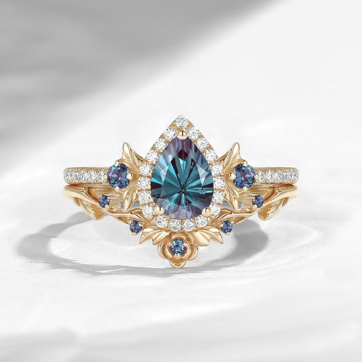 Nature Inspired Firework Cut Pear Shaped Lab Alexandrite 'Thorns & Roses' Gothic Halo Engagement Ring Set 2pcs