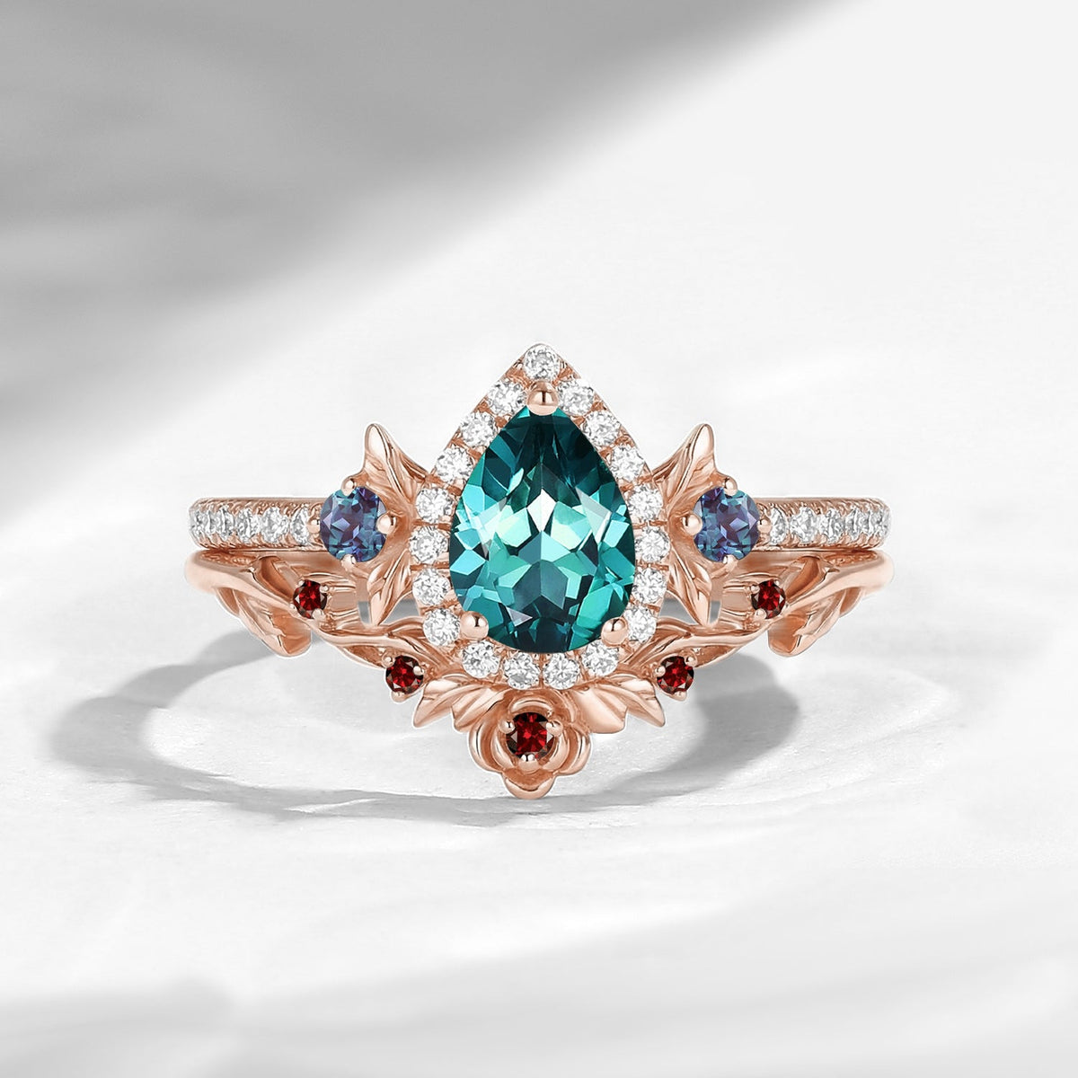Nature Inspired Pear Cut Lab Teal Sapphire Halo Engagement Ring Set 2pcs - 'Thorns & Roses'
