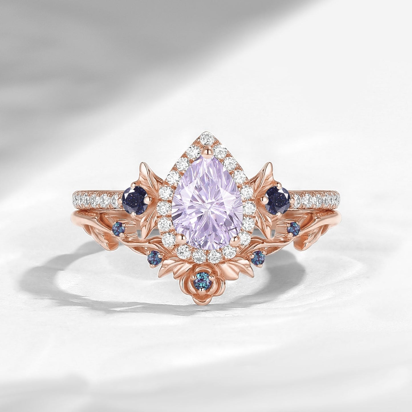 Thorns & Roses - Nature Inspired Firework Cut Pear Lab Lavender Sapphire Halo Engagement Ring Set