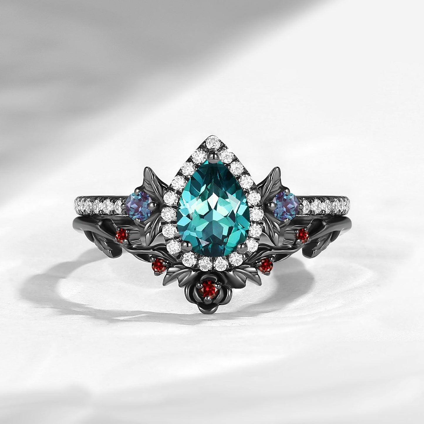 Nature Inspired Pear Cut Lab Teal Sapphire Halo Engagement Ring Set 2pcs - 'Thorns & Roses'