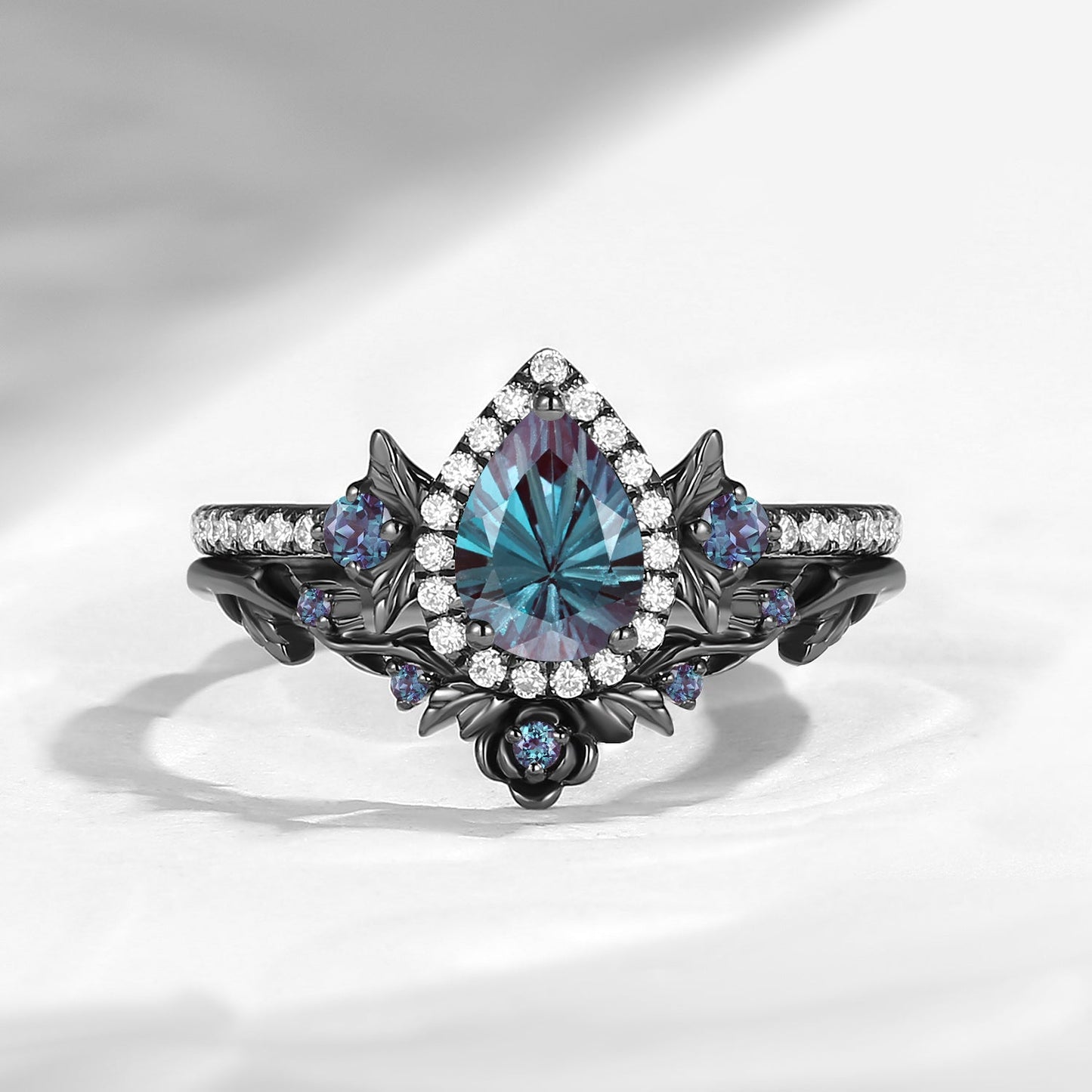 Nature Inspired Firework Cut Pear Shaped Lab Alexandrite 'Thorns & Roses' Gothic Halo Engagement Ring Set 2pcs
