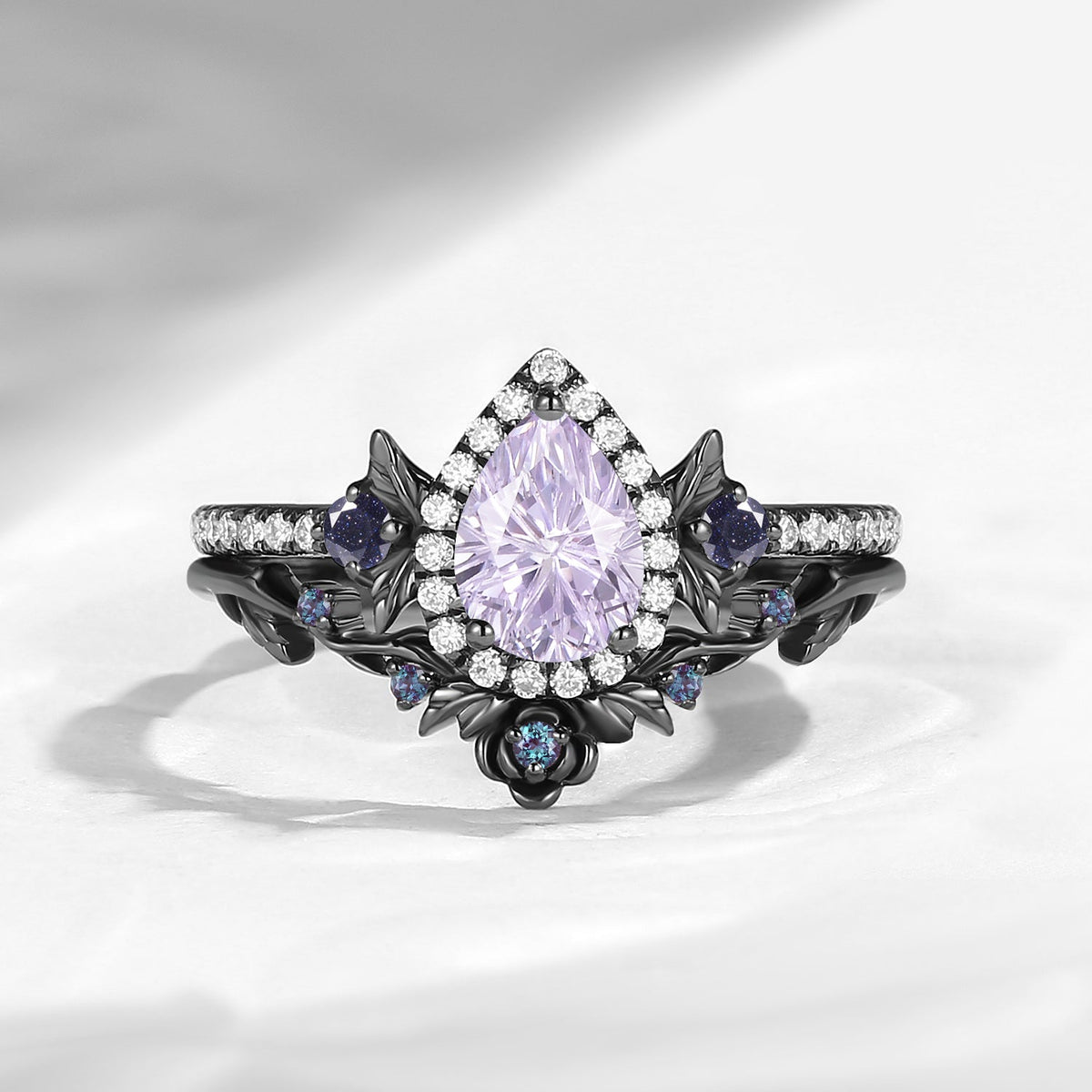 Thorns & Roses - Nature Inspired Firework Cut Pear Lab Lavender Sapphire Halo Engagement Ring Set