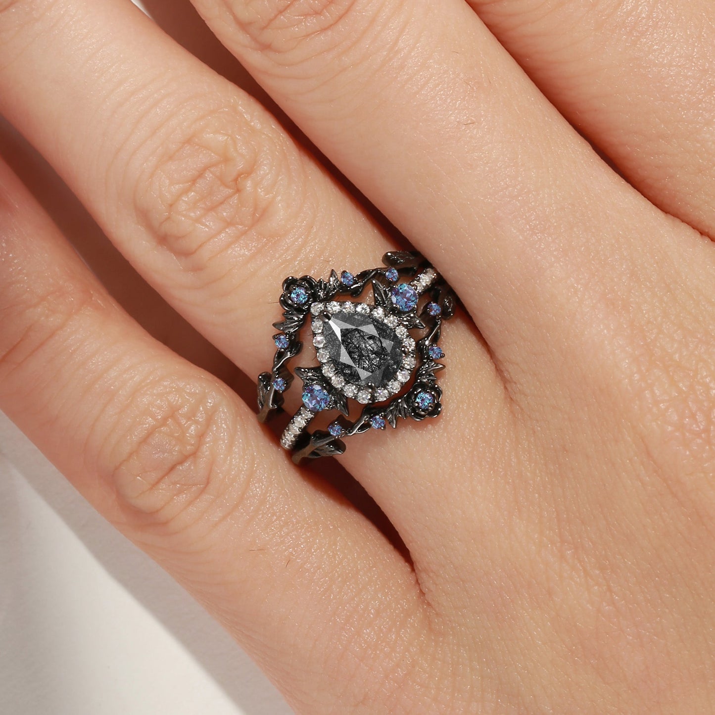 Nature Inspired Pear Cut Black Rutilated Quartz 'Thorns & Roses' Halo Engagement Ring Set 3pcs