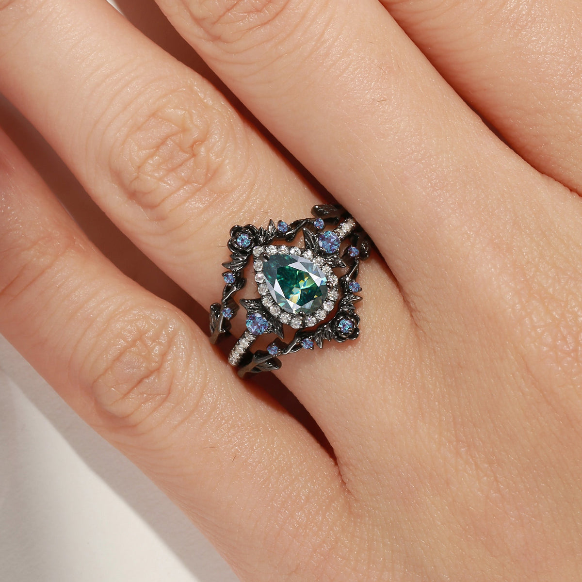 Nature Inspired Pear Cut Teal Moissanite 'Thorns & Roses' Halo Engagement Ring Set 3pcs