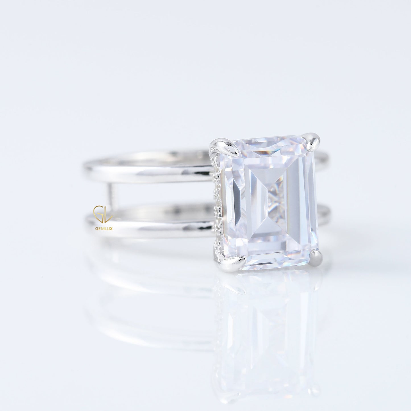 Emerald Cut Moissanite Double Band Solitaire Ring