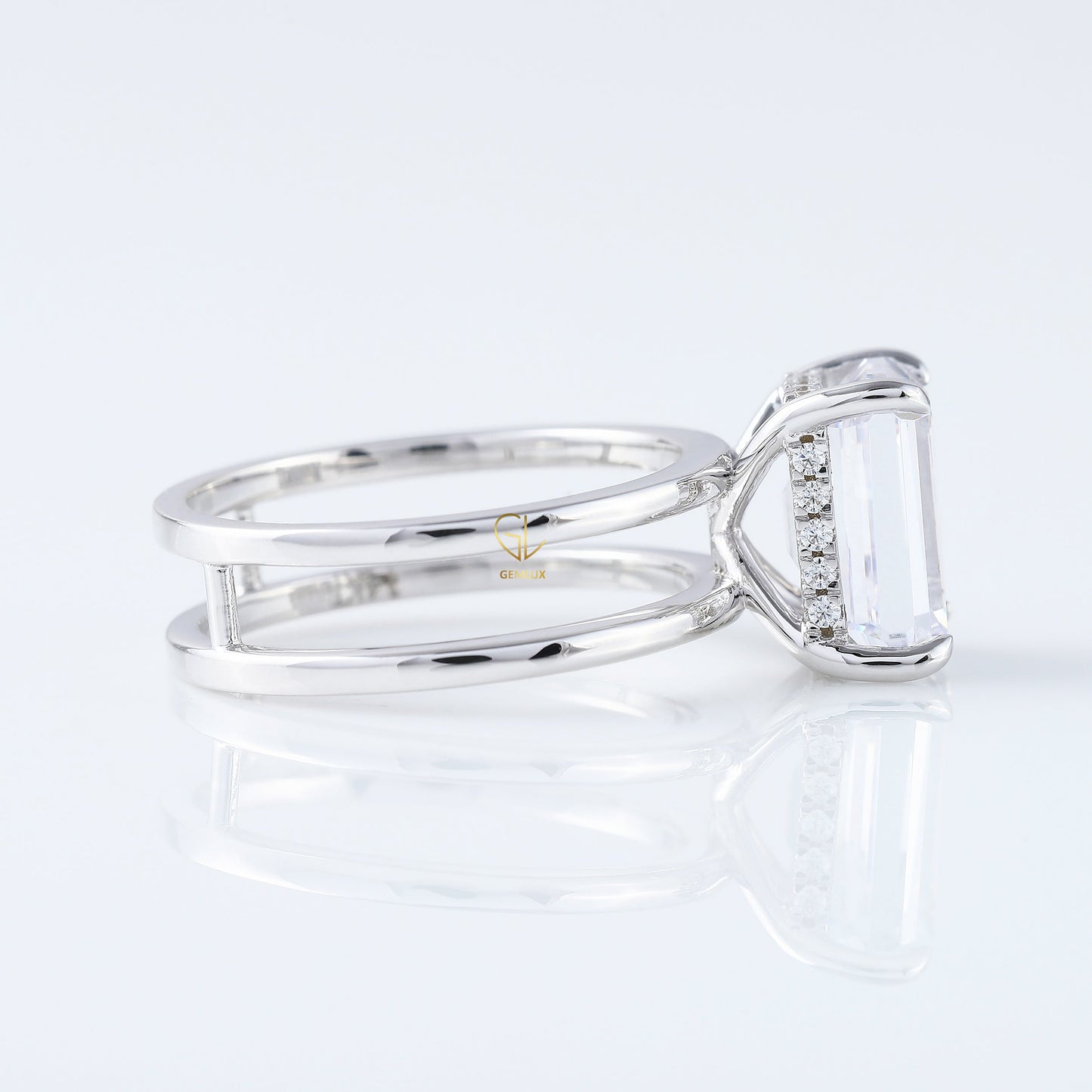 Emerald Cut Moissanite Double Band Solitaire Ring