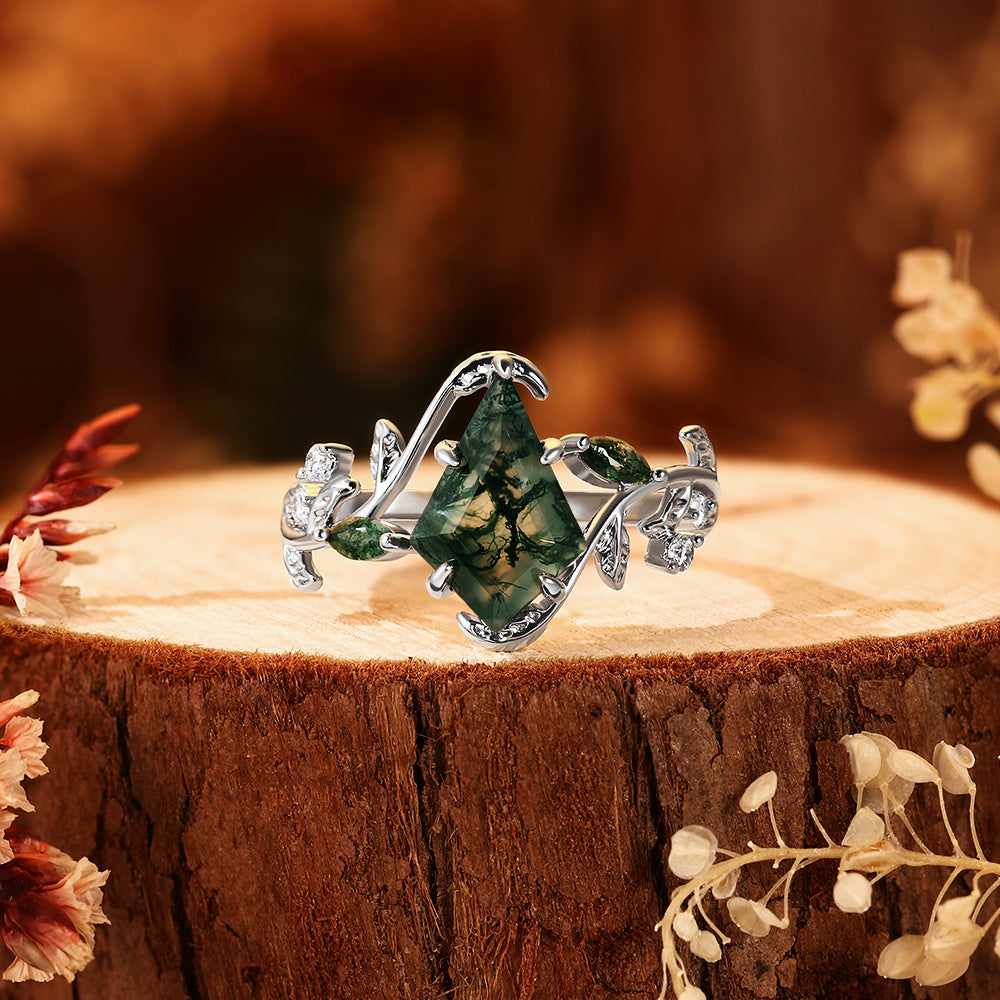 Unique Kite Cut Moss Agate Nature Inspired Vine & Leaf Branch Engagement Ring
