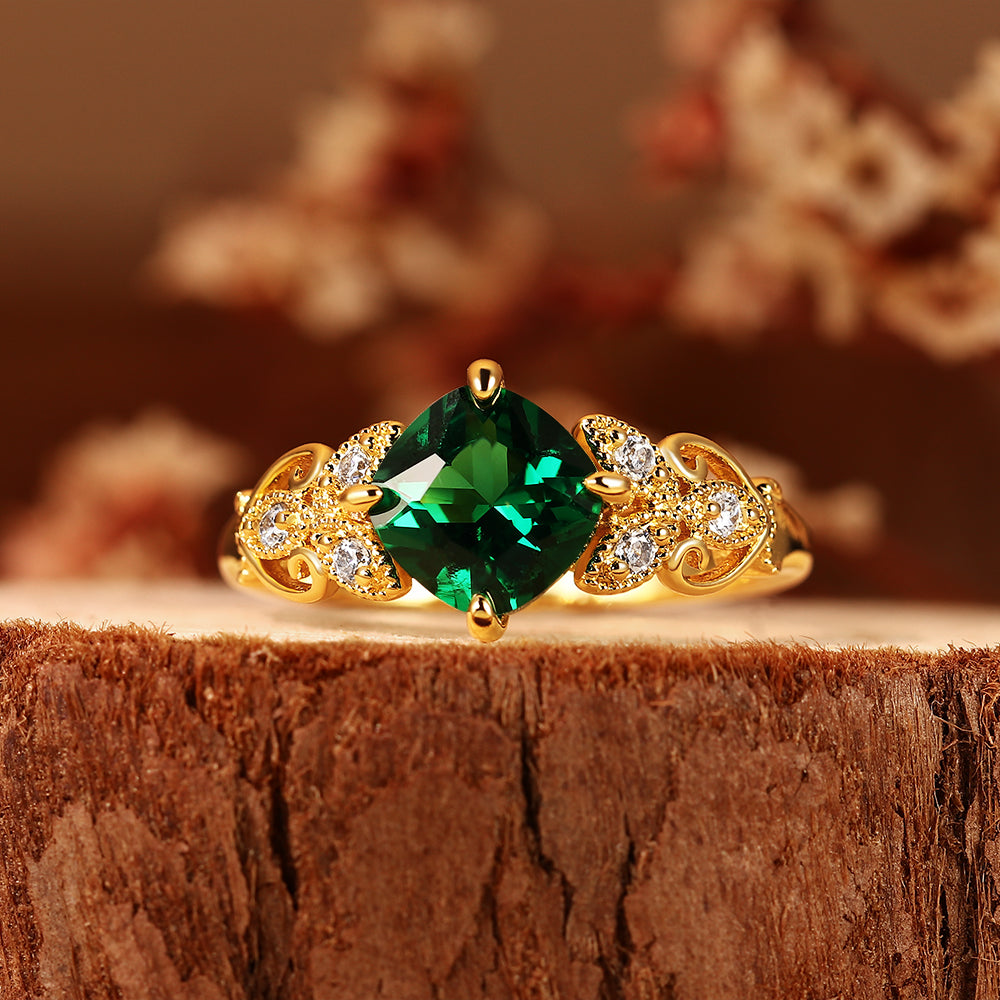 Vintage 1.46CT Cushion Cut Lab Emerald Art Deco Leaf Engagement Ring