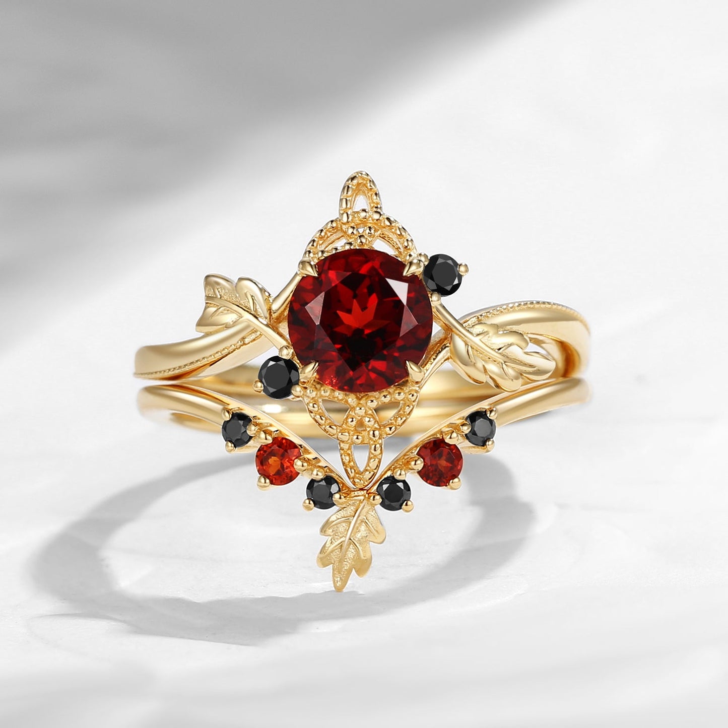 Celtic Calendar | 12.24-1.20 | Round Cut Garnet Nature Inspired Birch Leafy Celtic Ring Set 2pcs