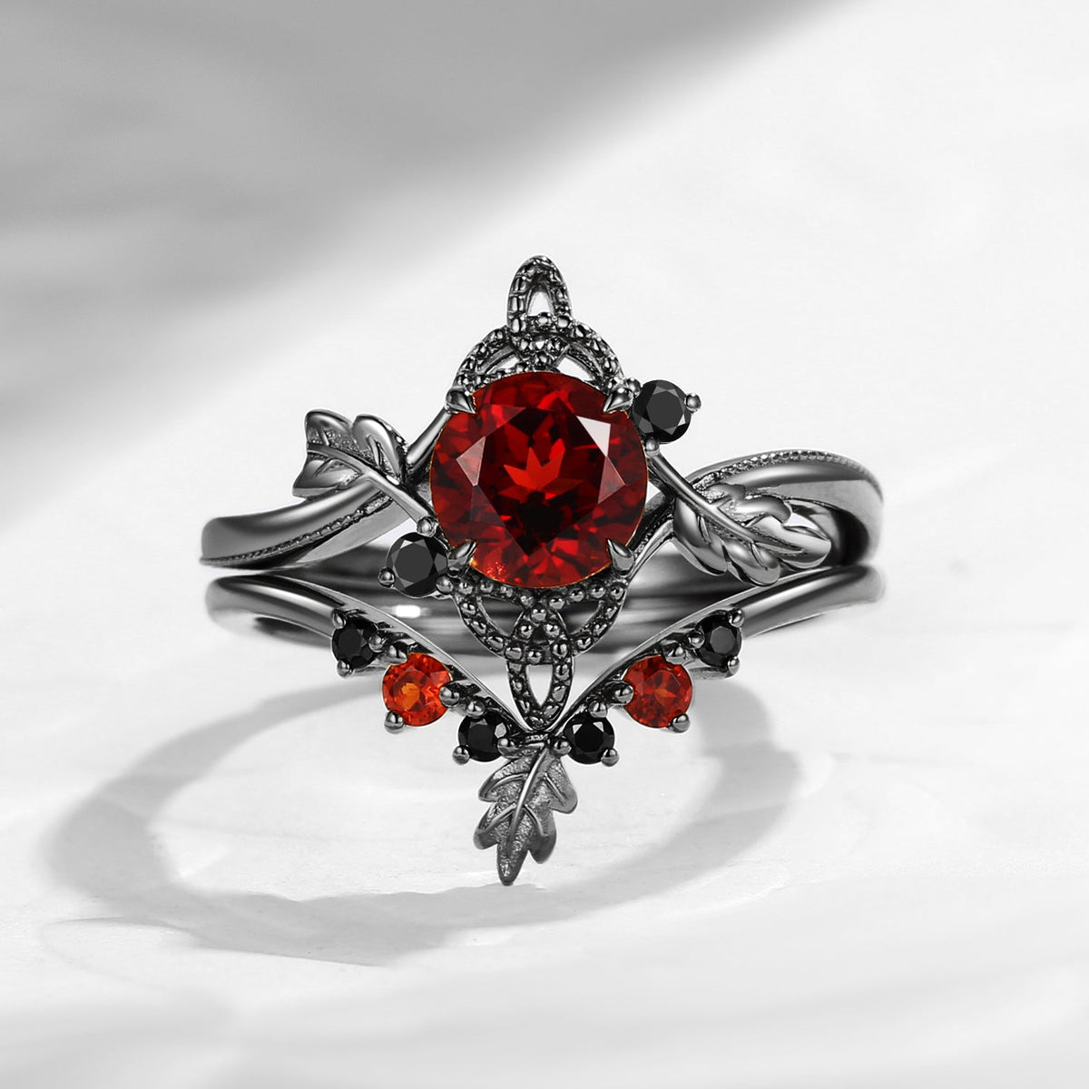 Celtic Calendar | 12.24-1.20 | Round Cut Garnet Nature Inspired Birch Leafy Celtic Ring Set 2pcs