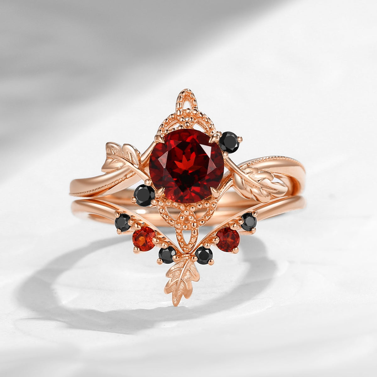 Celtic Calendar | 12.24-1.20 | Round Cut Garnet Nature Inspired Birch Leafy Celtic Ring Set 2pcs